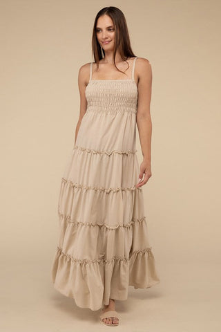 Woven Smocked Top Tiered Cami Maxi Dress *Online Only* - Premium dresses at Lonnys NY - Just $49.58! Shop Womens clothing now