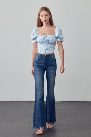 Frayed Hem Flare Jeans *Online Only* - Premium clothing at Lonnys NY - Just $80! Shop Womens clothing now