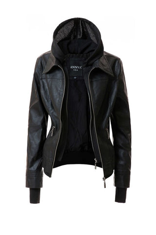 Hooded PU Leather Jacket *Online Only* - Premium clothing at Lonnys NY - Just $75! Shop Womens clothing now