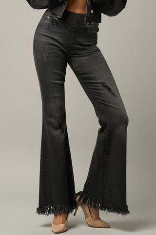 MID-RISE WIDE ELASTIC BANDED FLARE JEANS *Online Only* - Premium  at Lonnys NY - Just $84! Shop Womens clothing now