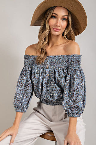 Animal Print Smocked Off the Shoulder Top *Online Only* - Premium  at Lonnys NY - Just $42.63! Shop Womens clothing now
