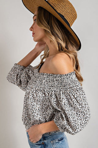 Animal Print Smocked Off the Shoulder Top *Online Only* - Premium  at Lonnys NY - Just $42.63! Shop Womens clothing now