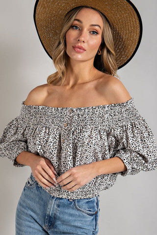 Animal Print Smocked Off the Shoulder Top *Online Only* - Premium  at Lonnys NY - Just $42.63! Shop Womens clothing now