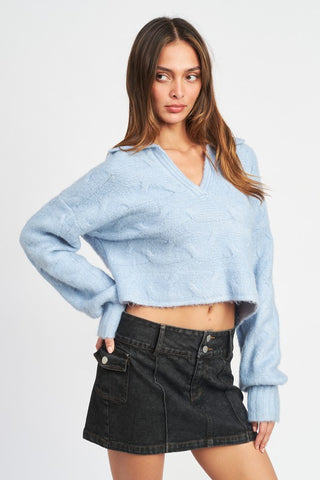 COLLARED CABLEKNIT BOXY SWEATER  *Online Only* - Premium Shirts & Tops at Lonnys NY - Just $80! Shop Womens clothing now