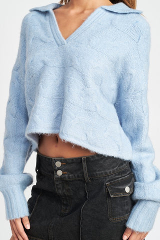 COLLARED CABLEKNIT BOXY SWEATER  *Online Only* - Premium Shirts & Tops at Lonnys NY - Just $80! Shop Womens clothing now
