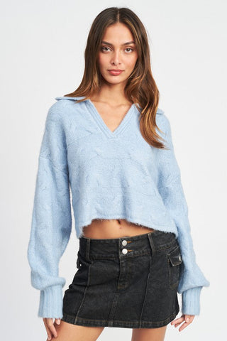 COLLARED CABLEKNIT BOXY SWEATER  *Online Only* - Premium Shirts & Tops at Lonnys NY - Just $80! Shop Womens clothing now