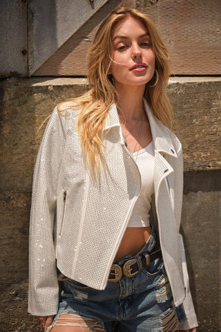 Crystal Studded Stretch Zip Up Moto Jacket *Online Only* - Premium  at Lonnys NY - Just $130! Shop Womens clothing now