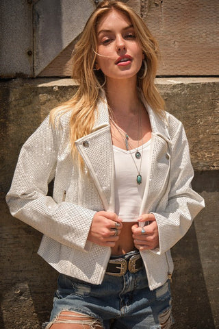 Crystal Studded Stretch Zip Up Moto Jacket *Online Only* - Premium  at Lonnys NY - Just $130! Shop Womens clothing now