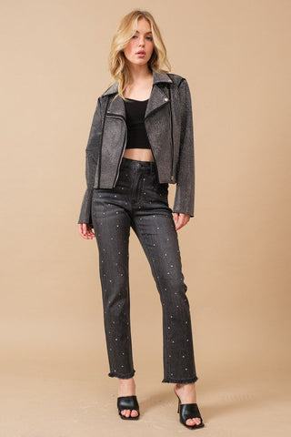 Crystal Studded Stretch Zip Up Moto Jacket *Online Only* - Premium  at Lonnys NY - Just $130! Shop Womens clothing now