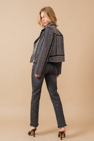 Crystal Studded Stretch Zip Up Moto Jacket *Online Only* - Premium  at Lonnys NY - Just $130! Shop Womens clothing now