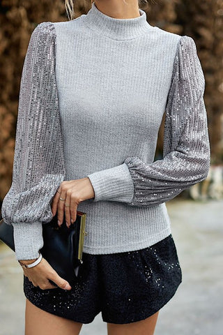 Sequin Sleeve Mock Neck Shirt *Online Only* - Premium clothing at Lonnys NY - Just $51! Shop Womens clothing now