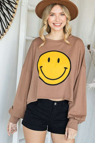 SMILEY FACE LONG SLEEVE CROP TOP *Online Only* - Premium  at Lonnys NY - Just $62! Shop Womens clothing now