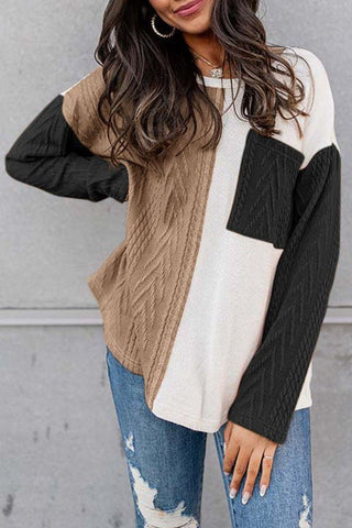 Cable knit color block round neck sweater *Online Only* - Premium sweaters at Lonnys NY - Just $52! Shop Womens clothing now