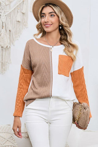 Cable knit color block round neck sweater *Online Only* - Premium sweaters at Lonnys NY - Just $52! Shop Womens clothing now