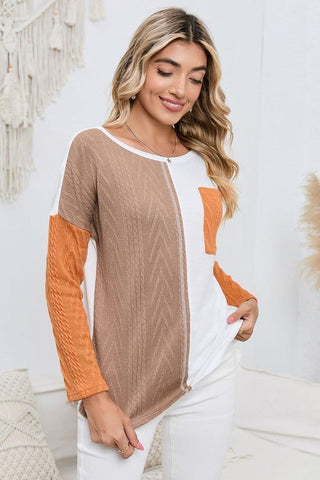 Cable knit color block round neck sweater *Online Only* - Premium sweaters at Lonnys NY - Just $52! Shop Womens clothing now