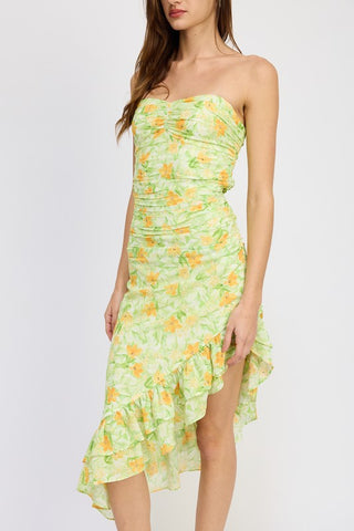 ASYMMETRIC MIDI DRESS WITH RUFFLE DETAIL *Online Only* - Premium  at Lonnys NY - Just $90! Shop Womens clothing now