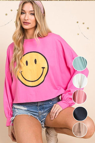 SMILEY FACE LONG SLEEVE CROP TOP *Online Only* - Premium  at Lonnys NY - Just $62! Shop Womens clothing now