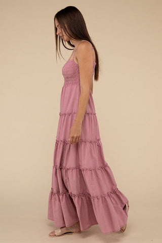 Woven Smocked Top Tiered Cami Maxi Dress *Online Only* - Premium dresses at Lonnys NY - Just $49.58! Shop Womens clothing now