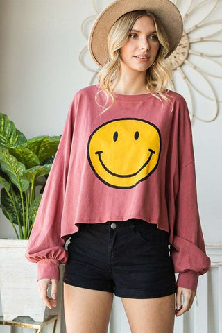 SMILEY FACE LONG SLEEVE CROP TOP *Online Only* - Premium  at Lonnys NY - Just $62! Shop Womens clothing now
