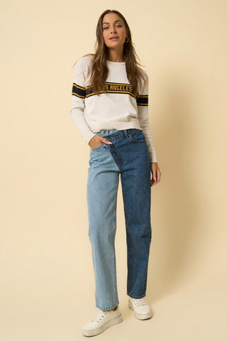 HIGH WAISTED CROSSOVER STRAIGHT JEANS *Online Only* - Premium  at Lonnys NY - Just $90! Shop Womens clothing now