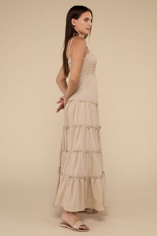 Woven Smocked Top Tiered Cami Maxi Dress *Online Only* - Premium dresses at Lonnys NY - Just $49.58! Shop Womens clothing now