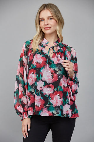 61 Jane Floral Keyhole Tie Neck Blouse