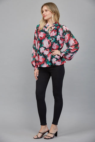 61 Jane Floral Keyhole Tie Neck Blouse
