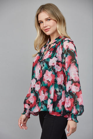 61 Jane Floral Keyhole Tie Neck Blouse