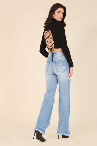 Mock Neck Lace Up Back Top *Online Only* - Premium clothing at Lonnys NY - Just $38! Shop Womens clothing now
