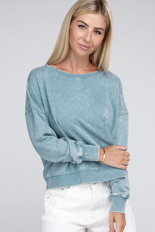 French Terry Acid Wash Boat Neck Pullover *Online Only* - Premium  at Lonnys NY - Just $36! Shop Womens clothing now