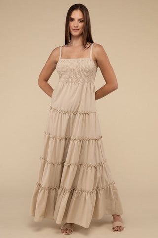 Woven Smocked Top Tiered Cami Maxi Dress *Online Only* - Premium dresses at Lonnys NY - Just $49.58! Shop Womens clothing now