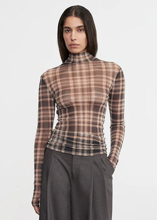 Enza Costa Plaid Mesh Turtleneck
