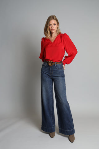 Lola + Sophie Pleated Sleeve V Neck Shirt