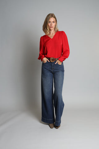 Lola + Sophie Pleated Sleeve V Neck Shirt