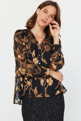 Madison Floral Jacquard Button Down Blouse