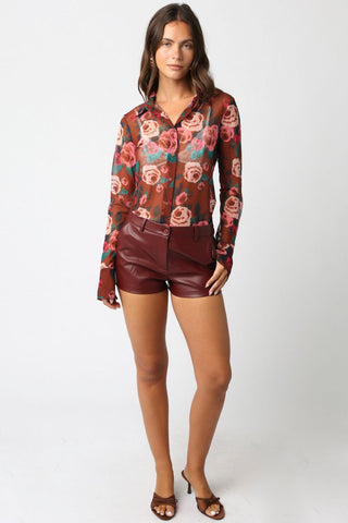 Olivaceous Deja Floral Mesh Button Down Shirt