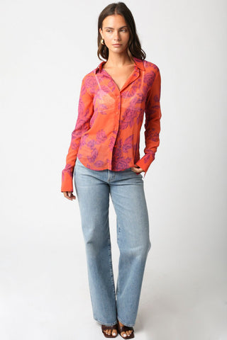 Olivaceous Talia Floral Mesh Button Down Shirt