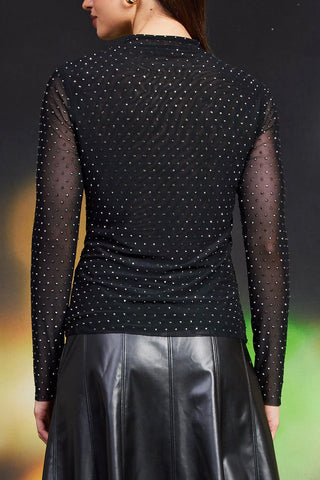 Skies are Blue Embellished Mesh Mockneck Shirt