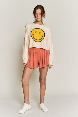 SMILEY FACE LONG SLEEVE CROP TOP *Online Only* - Premium  at Lonnys NY - Just $62! Shop Womens clothing now