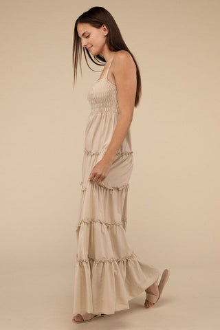 Woven Smocked Top Tiered Cami Maxi Dress *Online Only* - Premium dresses at Lonnys NY - Just $49.58! Shop Womens clothing now