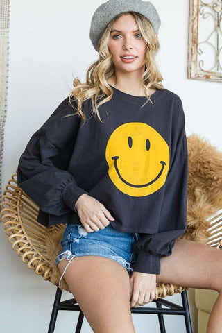 SMILEY FACE LONG SLEEVE CROP TOP *Online Only* - Premium  at Lonnys NY - Just $62! Shop Womens clothing now