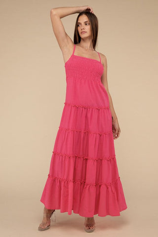 Woven Smocked Top Tiered Cami Maxi Dress *Online Only* - Premium dresses at Lonnys NY - Just $49.58! Shop Womens clothing now