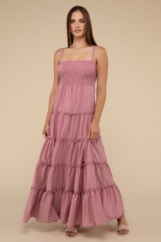 Woven Smocked Top Tiered Cami Maxi Dress *Online Only* - Premium dresses at Lonnys NY - Just $49.58! Shop Womens clothing now
