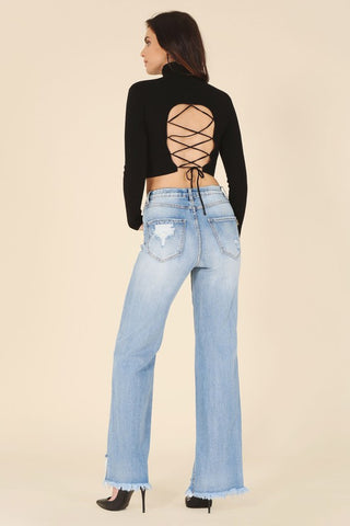 Mock Neck Lace Up Back Top *Online Only* - Premium clothing at Lonnys NY - Just $38! Shop Womens clothing now