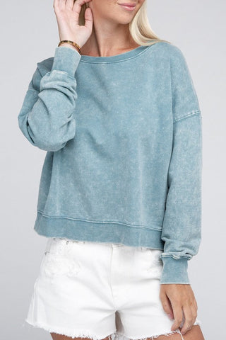 French Terry Acid Wash Boat Neck Pullover *Online Only* - Premium  at Lonnys NY - Just $36! Shop Womens clothing now