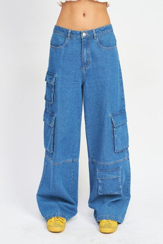 WIDE LEG DENIM PANTS WITH POCKETS CARGO PARACHUTE PANTS  *Online Only* - Premium  at Lonnys NY - Just $90! Shop Womens clothing now