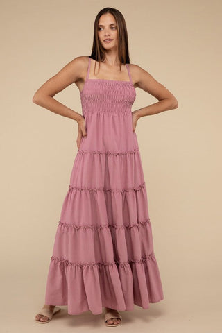 Woven Smocked Top Tiered Cami Maxi Dress *Online Only* - Premium dresses at Lonnys NY - Just $49.58! Shop Womens clothing now