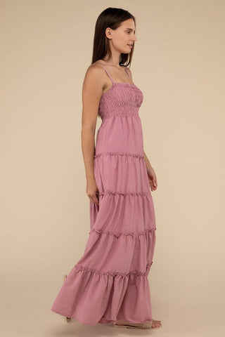 Woven Smocked Top Tiered Cami Maxi Dress *Online Only* - Premium dresses at Lonnys NY - Just $49.58! Shop Womens clothing now