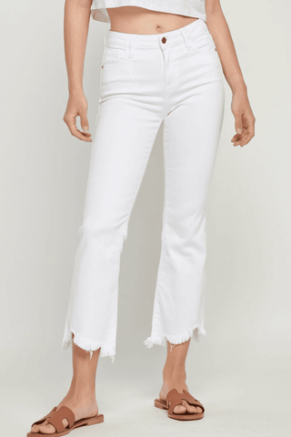 Hidden Jeans HAPPI WHITE FRAYED CROPPED FLARE - Premium Jeans at Lonnys NY - Just $82! Shop Womens clothing now
