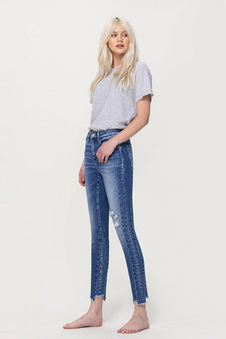 Flying Monkey HIGH RISE ANKLE SKINNY W UNEVEN HEM DETAIL *Online Only* - Premium  at Lonnys NY - Just $75.55! Shop Womens clothing now 